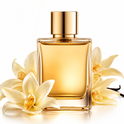 Luxury vanilla perfume bottle with glossy gold accents surrounded by soft cream-colored vanilla orchid flowers on a clean white background, creating an elegant high-end fragrance aesthetic.