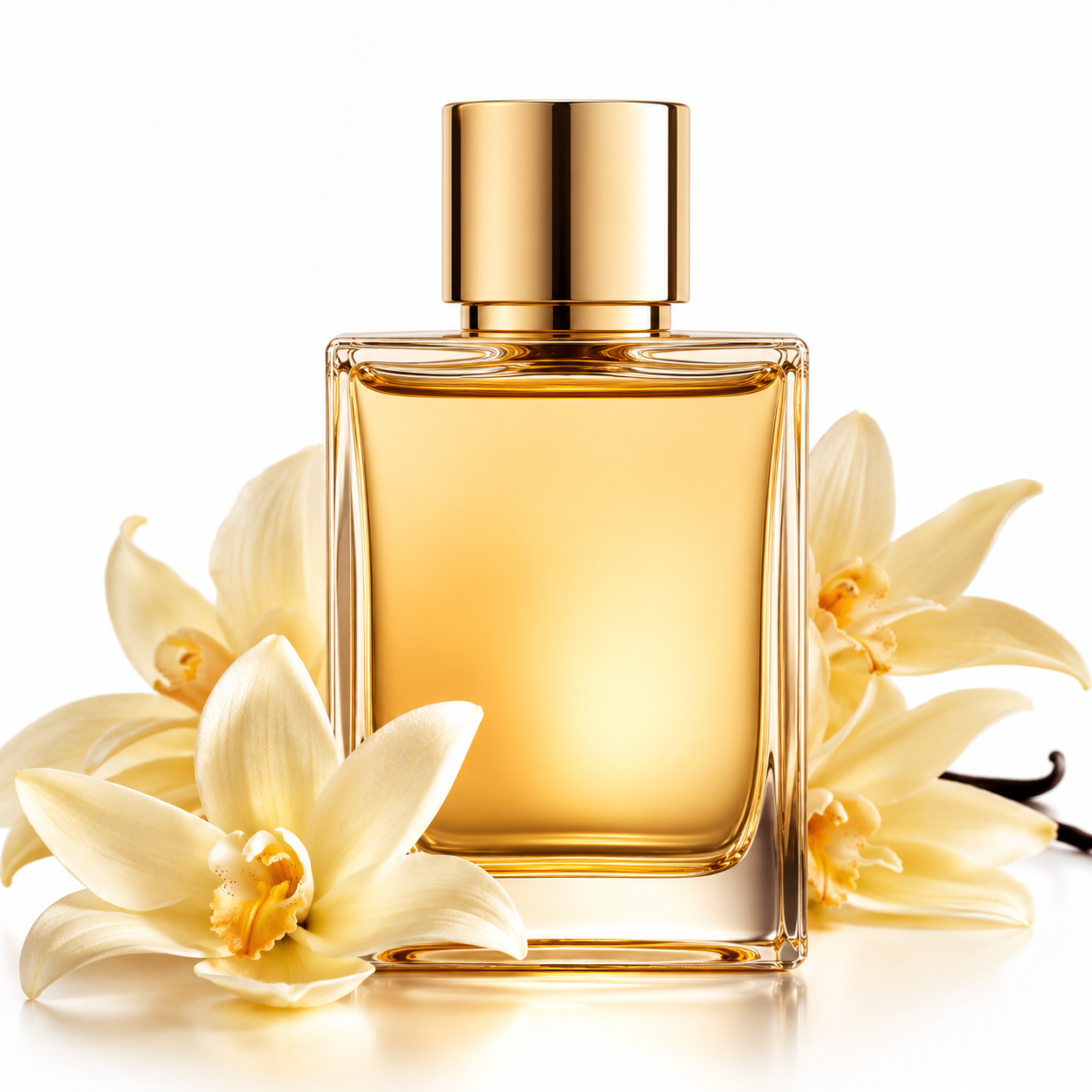Luxury vanilla perfume bottle with glossy gold accents surrounded by soft cream-colored vanilla orchid flowers on a clean white background, creating an elegant high-end fragrance aesthetic.