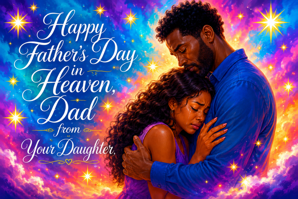Bright, colorful memorial tribute featuring a father gently embracing his grieving daughter beneath a radiant sky filled with glowing stars and vibrant pink, purple, blue, and gold clouds. The daughter rests her head on her father's chest with her eyes closed as tears stream down her face, while elegant script reads, “Happy Father’s Day in Heaven, Dad from Your Daughter.” The image conveys love, comfort, remembrance, and an everlasting father-daughter bond.