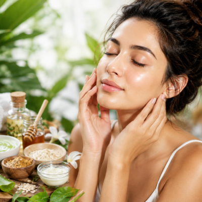 Woman with glowing, healthy skin in a natural spa setting surrounded by aloe vera, honey, oats, and skincare ingredients for a radiant skincare routine.