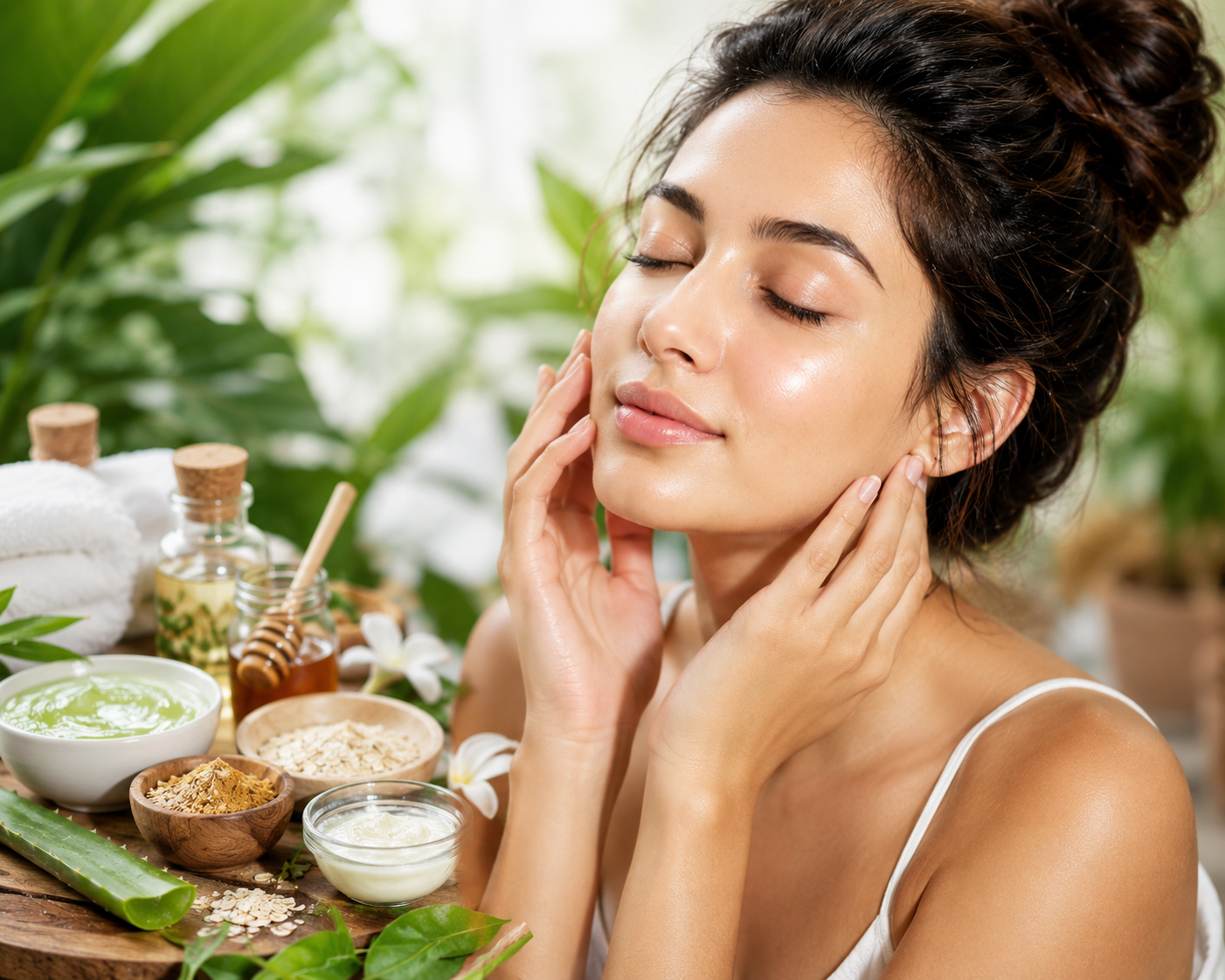 Woman with glowing, healthy skin in a natural spa setting surrounded by aloe vera, honey, oats, and skincare ingredients for a radiant skincare routine.
