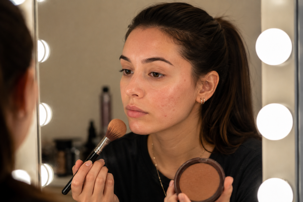 Young woman with a ponytail applying bronzer at a lighted vanity mirror, holding a bronzer compact and makeup brush. Her skin shows mild acne and natural texture as she looks at her reflection with a neutral expression.
