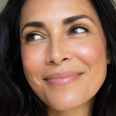 Close-up portrait of a smiling 45-year-old tan woman with healthy, glowing skin, soft cream blush, and a dewy complexion, looking upward toward the left against a softly blurred background.