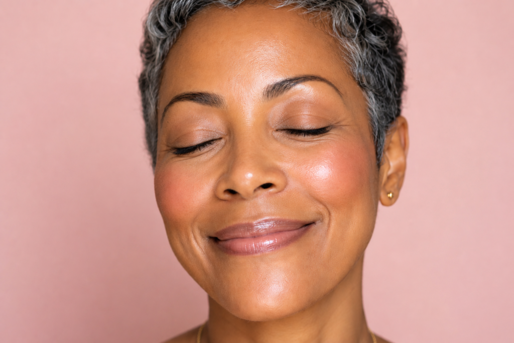 Close-up portrait of a woman with a chic salt-and-pepper pixie cut, glowing dewy skin, and soft cream blush, smiling with her eyes closed against a soft pink background.