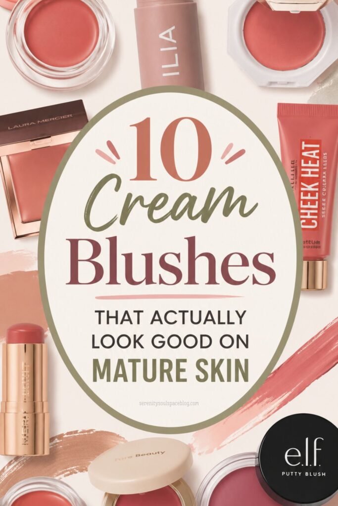 Pinterest graphic featuring a collection of cream blushes in pots, sticks, and tubes surrounding the headline "10 Cream Blushes That Actually Look Good on Mature Skin." The beauty-themed design uses soft neutral and rosy tones with makeup swatches and popular cream blush products arranged around a central title.