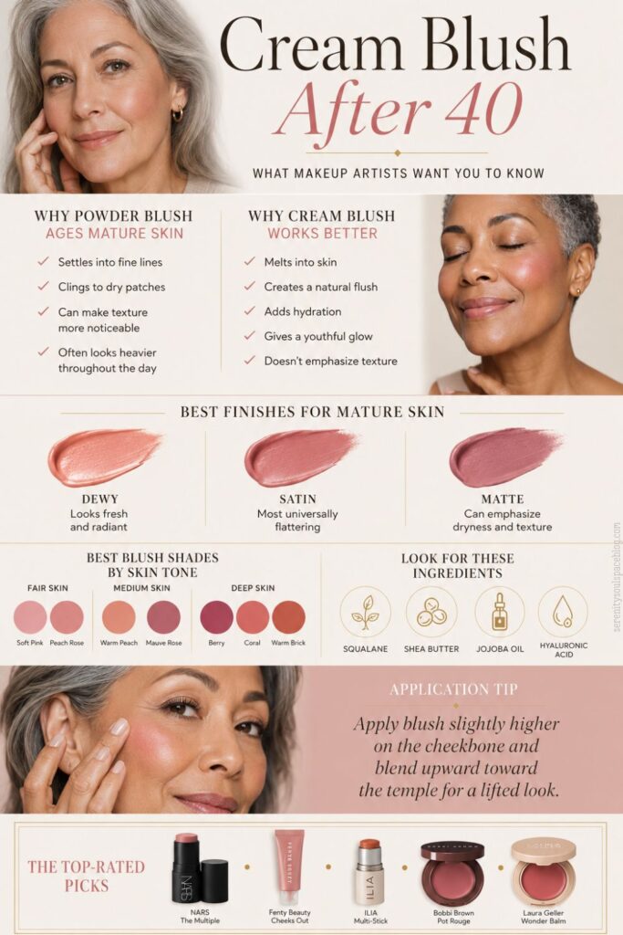 Editorial beauty infographic titled "Cream Blush After 40" featuring mature women with glowing skin, tips on why cream blush works better than powder, recommended finishes and shades by skin tone, beneficial ingredients, application advice, and top-rated cream blush products for mature skin.