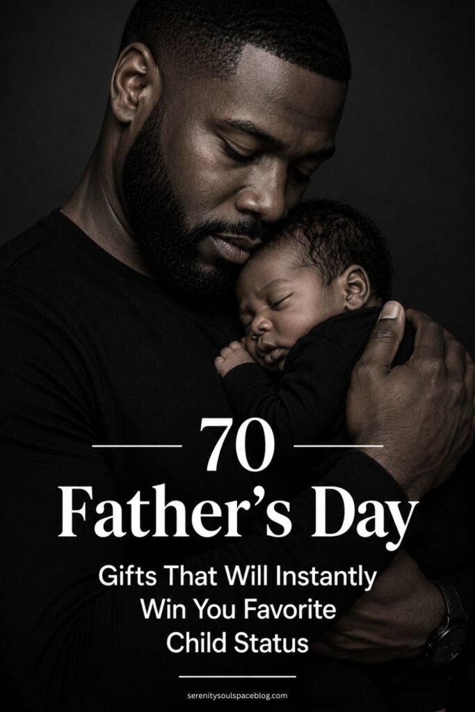 A father holding his sleeping newborn close to his chest in a black-and-white Father’s Day Pinterest pin with the text “70 Father’s Day Gifts That Will Instantly Win You Favorite Child Status.”