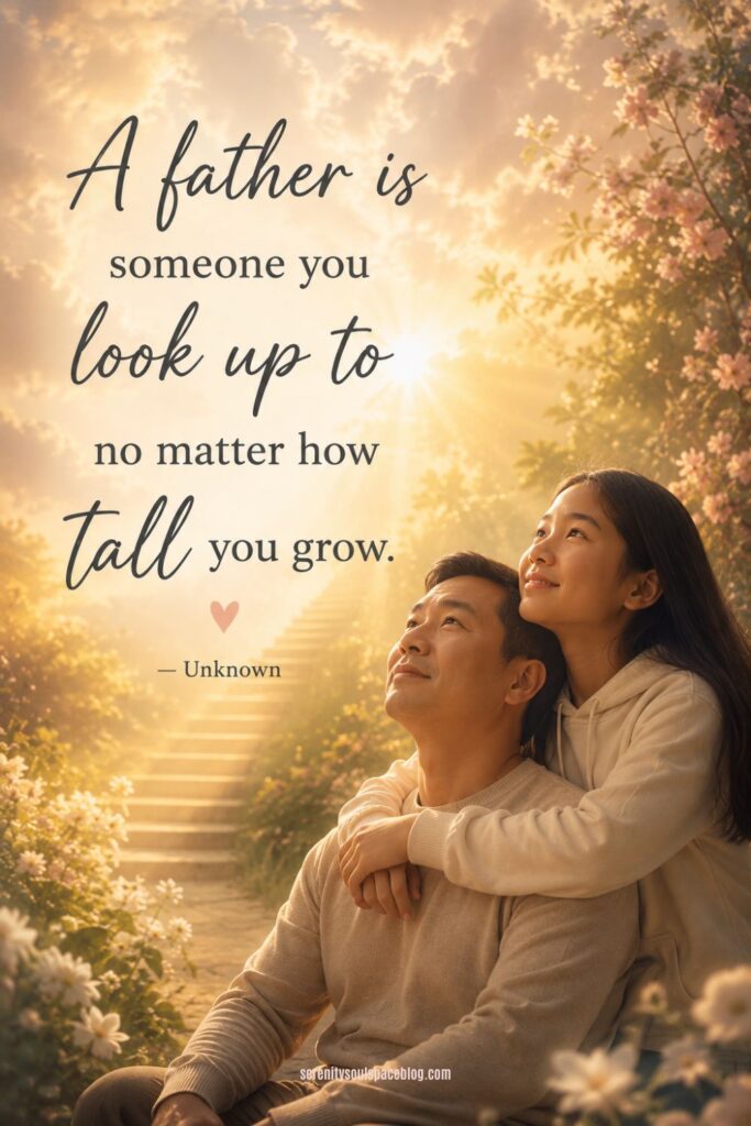 Asian father and teenage daughter share a loving embrace in a glowing heavenly garden filled with flowers, golden sunlight, clouds, and a touching Father's Day quote about looking up to your father no matter how tall you grow.