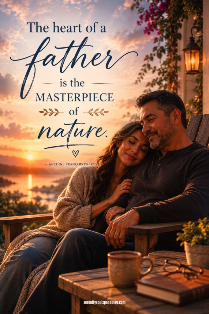 Father and daughter share a peaceful embrace on a cozy patio overlooking a sunset lake, accompanied by the quote, “The heart of a father is the masterpiece of nature,” in elegant typography and warm Hallmark-style colors.
