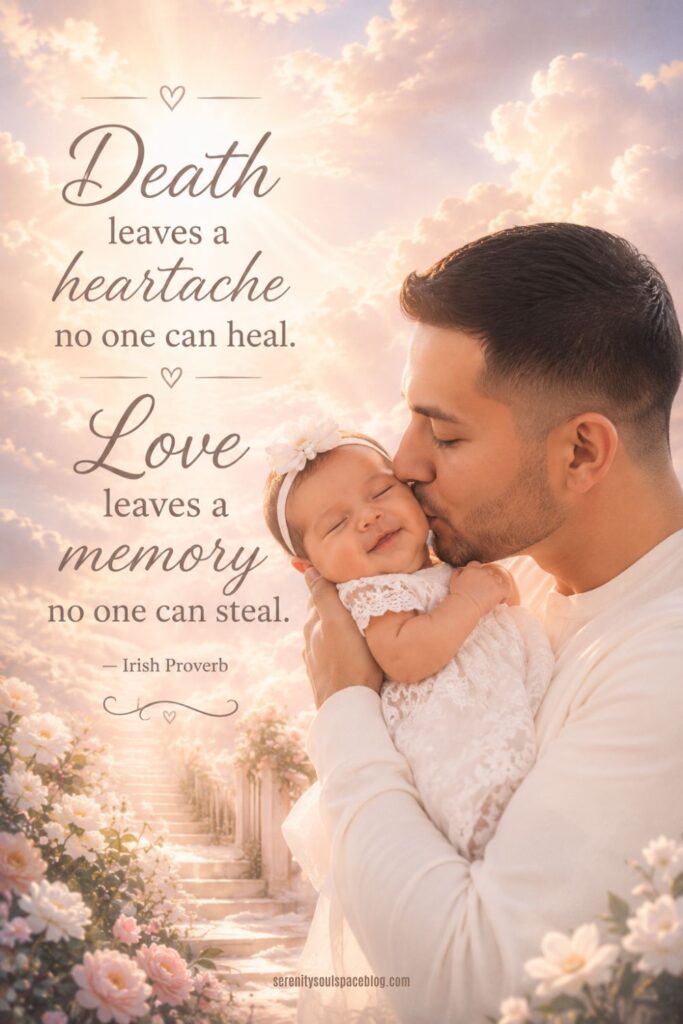 Father’s Day in Heaven memorial pin featuring a loving father kissing his newborn daughter’s cheek in a heavenly garden of soft pink clouds, flowers, and glowing sunlight, alongside the quote, “Death leaves a heartache no one can heal. Love leaves a memory no one can steal.” — Irish Proverb.