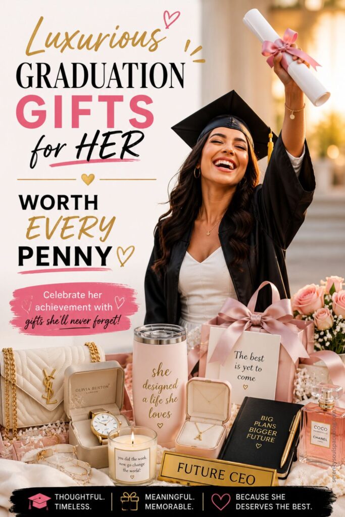 Pinterest pin showing a happy graduate in cap and gown holding her diploma beside luxurious graduation gifts including jewelry, perfume, candles, flowers, a designer-inspired handbag, and elegant pink keepsakes.