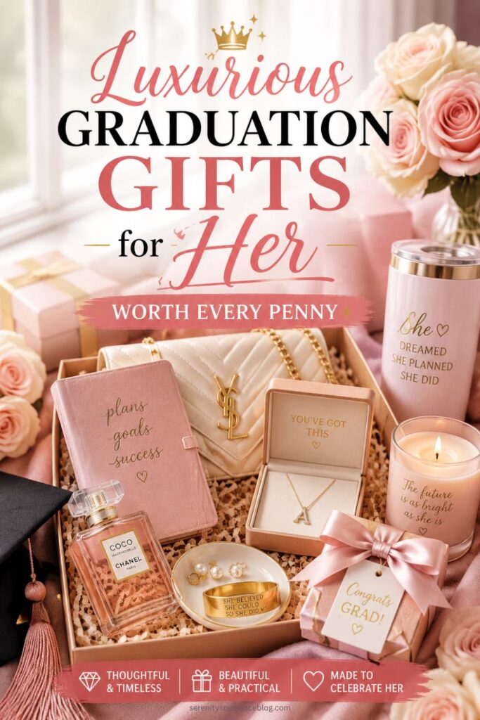 Pinterest pin featuring luxurious graduation gifts for her with pink roses, designer-inspired accessories, jewelry, candles, perfume, and elegant keepsakes in soft blush and gold tones.