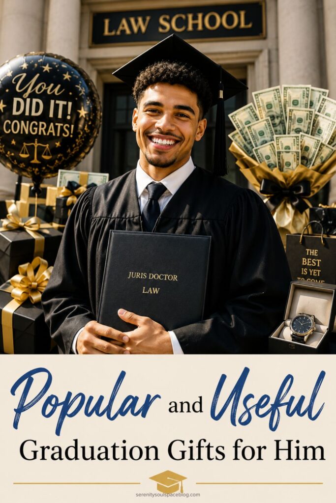 Smiling male law school graduate in a black cap and gown holding his diploma while surrounded by luxury graduation gifts, money bouquets, watches, and black-and-gold gift boxes. Cream text box overlay reads “Popular and Useful Graduation Gifts for Him” with blue script accents on the words “Popular” and “Useful.