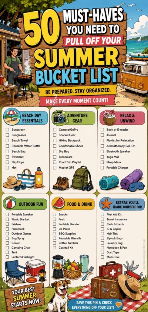 Colorful cartoon-style Pinterest infographic titled "50 Must-Haves You Need to Actually Pull Off Your Summer Bucket List" featuring a bright beach and summer scene with checklists for beach essentials, outdoor fun, adventure gear, food and drink, relaxation items, and travel extras. Includes playful illustrations of beach bags, cameras, backpacks, tropical drinks, luggage, a camper van, picnic items, and summer accessories in vibrant blue, yellow, pink, and green colors.