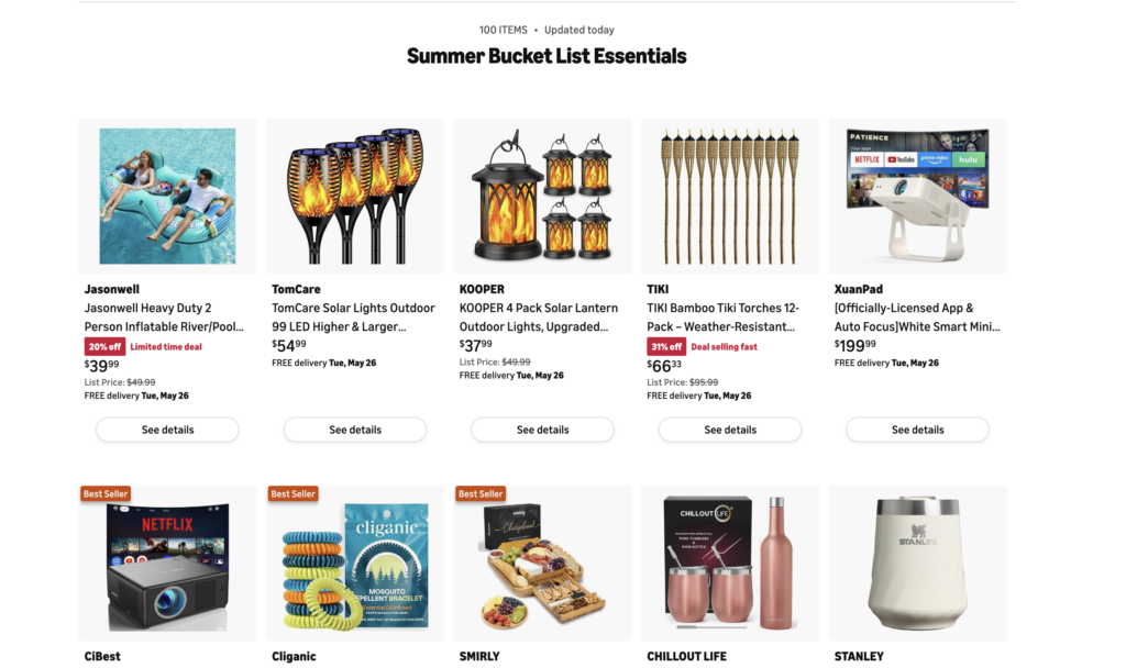 Amazon storefront list titled “Summer Bucket List Essentials” showing a curated collection of summer products including pool floats, solar torch lights, lanterns, tiki torches, a mini projector, mosquito repellent bracelets, charcuterie accessories, wine tumblers, and drinkware for outdoor summer activities and backyard gatherings.