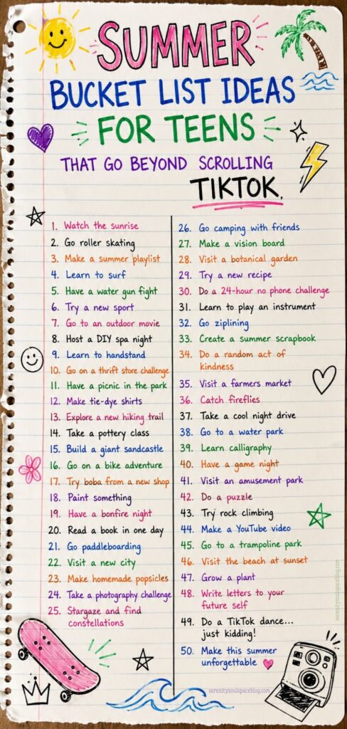Summer bucket list ideas for teens Pinterest pin designed on ripped college-ruled notebook paper with colorful handwritten marker text. The T-chart style list features 50 summer activities for teens beyond scrolling TikTok, surrounded by teen-themed doodles including a skateboard, sun, waves, hearts, stars, palm tree, and instant camera.