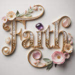 Elegant decorative typography artwork featuring the word “Faith” in glittering gold script with pearl accents, pink gemstones, soft blush flowers, and delicate greenery on a light neutral background. Feminine floral faith-inspired design with luxurious sparkly lettering and pastel botanical details.