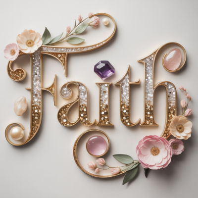 Elegant decorative typography artwork featuring the word “Faith” in glittering gold script with pearl accents, pink gemstones, soft blush flowers, and delicate greenery on a light neutral background. Feminine floral faith-inspired design with luxurious sparkly lettering and pastel botanical details.