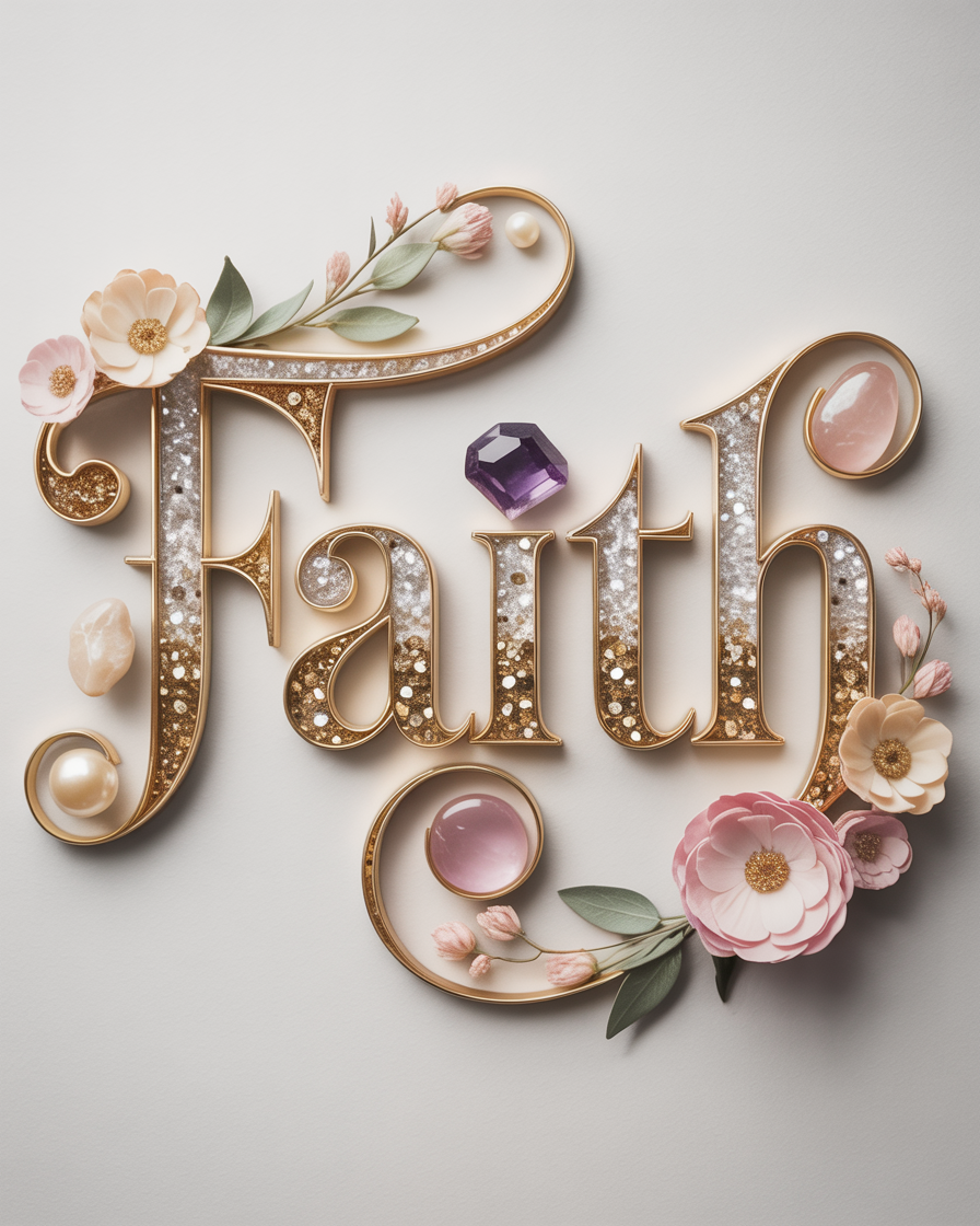 Elegant decorative typography artwork featuring the word “Faith” in glittering gold script with pearl accents, pink gemstones, soft blush flowers, and delicate greenery on a light neutral background. Feminine floral faith-inspired design with luxurious sparkly lettering and pastel botanical details.