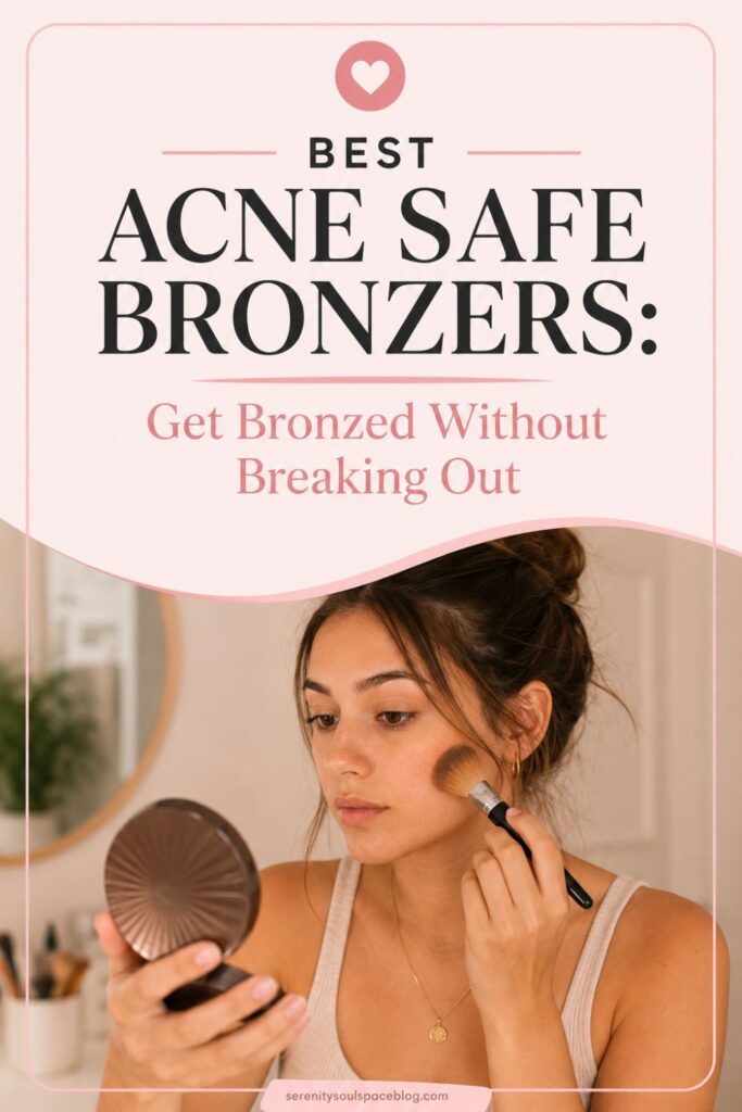 Pinterest pin featuring a woman with mild acne applying bronzer. Text overlay reads: “Best Acne Safe Bronzers: Get Bronzed Without Breaking Out” on a soft pink and cream beauty-themed design.