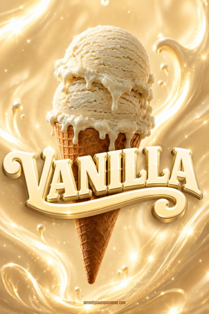 Glossy Pinterest-style image of a floating double scoop vanilla ice cream waffle cone with rich creamy drips, sparkling vanilla-colored swirls, and a shiny golden beige background. Large retro 3D text reading “VANILLA” stretches across the middle of the image in soft vanilla-yellow lettering.