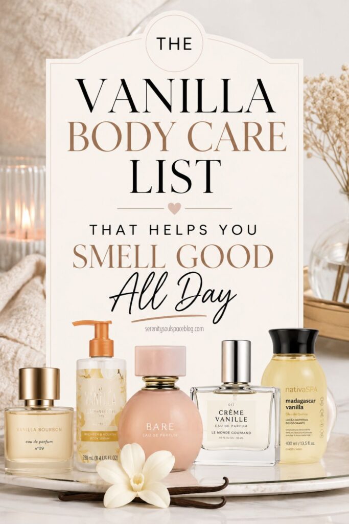 Elegant Pinterest pin featuring vanilla perfumes, body oils, and lotions with the text “The Vanilla Body Care List That Helps You Smell Good All Day” in a soft beige luxury aesthetic.