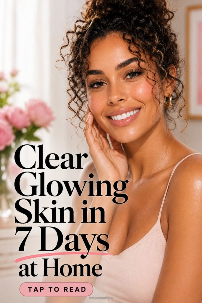 Smiling woman with radiant, clear glowing skin poses in a soft feminine bedroom setting with pink flowers in the background. The Pinterest pin features elegant black typography reading “Clear Glowing Skin in 7 Days at Home,” creating a clean beauty and skincare aesthetic focused on healthy, luminous skin.