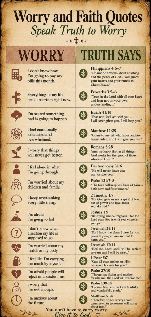 Vintage-style Pinterest infographic on aged parchment paper titled “Worry and Faith Quotes That Speak Truth to Anxiety.” The pin features a two-column chart with common worries on the left and matching Bible scriptures on the right, using warm brown and sage green tones with an old scroll paper texture. Includes verses about anxiety, fear, overthinking, uncertainty, faith, and trusting God.