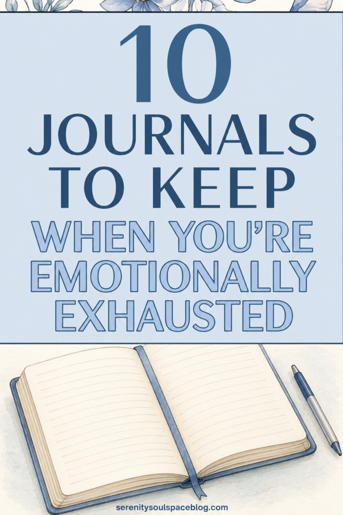 Pinterest pin featuring a soft powder blue design with an open lined journal and pen at the bottom. Large text reads, “10 Journals to Keep When You’re Emotionally Exhausted.” The clean, calming layout conveys journaling for emotional healing, self-reflection, mental clarity, stress relief, and personal growth.