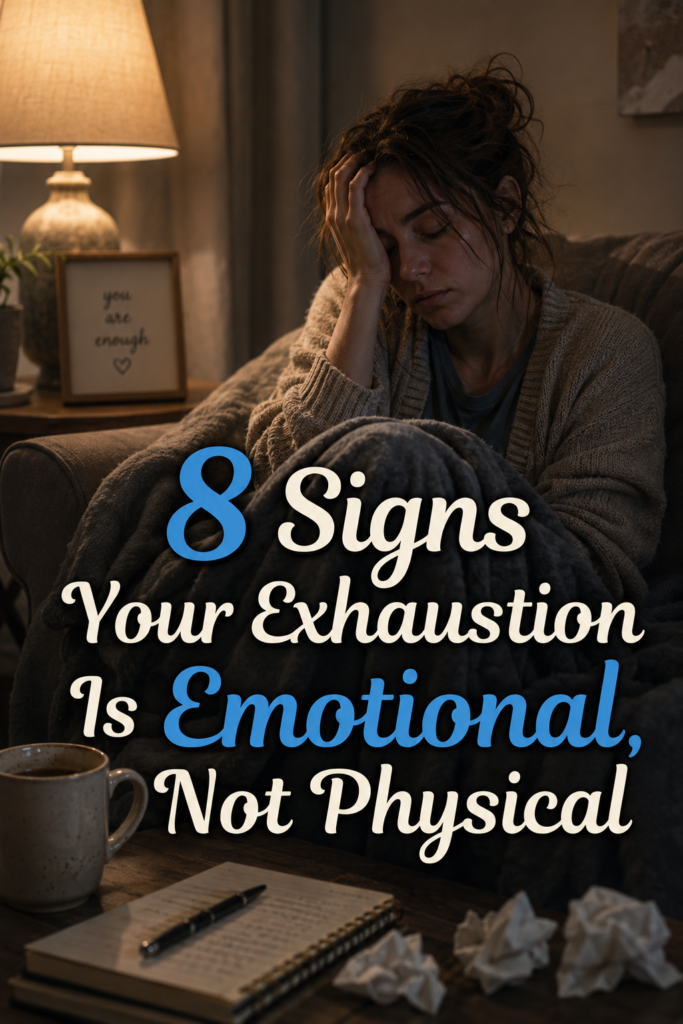 Tired woman wrapped in a blanket sitting on a couch with her head resting in her hand, looking emotionally drained. A lamp glows softly beside her while a notebook, coffee mug, and crumpled papers sit nearby. Large text overlay reads: “8 Signs Your Exhaustion Is Emotional, Not Physical.” The image represents emotional exhaustion, burnout, overwhelm, stress, and mental fatigue.