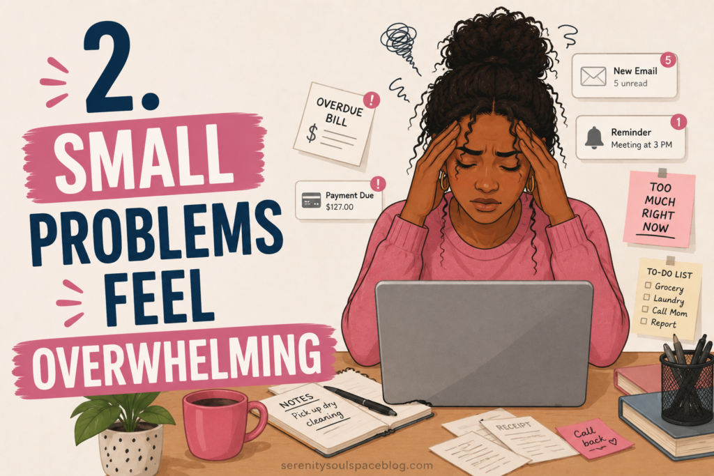 Cartoon-style emotional wellness infographic showing an exhausted woman sitting at a desk with her hands on her temples while working on a laptop. The image includes reminders, bills, notifications, and a to-do list surrounding her. Large text reads, “2. Small Problems Feel Overwhelming,” illustrating a common sign of emotional exhaustion.