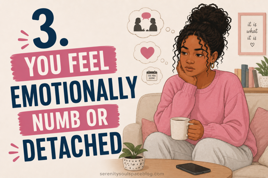 Landscape emotional wellness infographic showing a woman sitting quietly on a couch holding a mug and staring off into the distance. Thought bubbles above her show faded social connections and emotions, illustrating emotional numbness and detachment. Large text reads, “3. You Feel Emotionally Numb or Detached.”