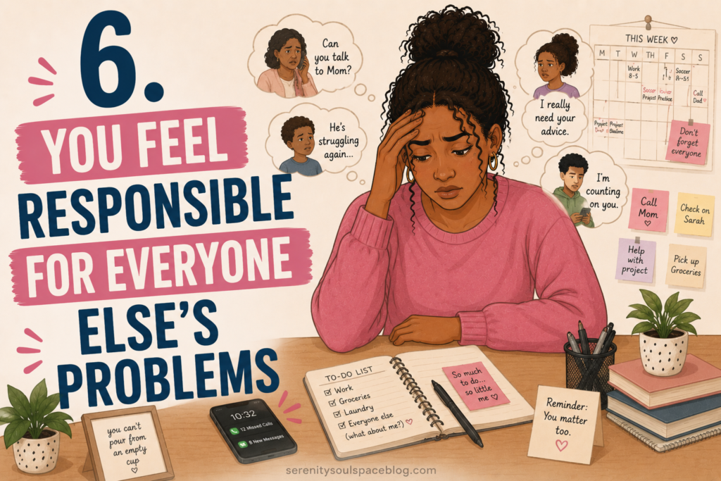 Landscape emotional wellness illustration showing an overwhelmed woman sitting at a desk with her head in her hand. Thought bubbles, sticky notes, missed calls, and a crowded to-do list surround her, symbolizing the emotional burden of carrying other people's problems. Large text reads, “6. You Feel Responsible for Everyone Else’s Problems.”