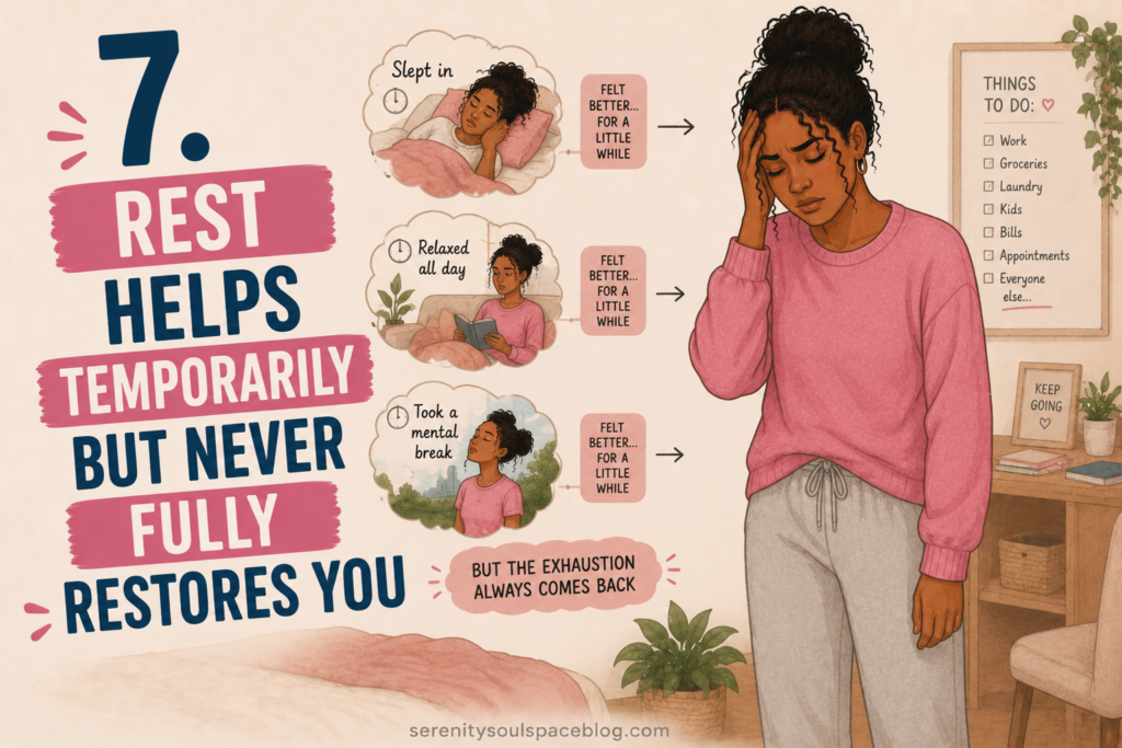 Landscape emotional wellness illustration showing an exhausted woman standing in cozy loungewear with her hand on her forehead. Surrounding scenes show her sleeping in, relaxing, and taking a mental break, yet she still appears drained. Large text reads, “7. Rest Helps Temporarily but Never Fully Restores You.” The image represents emotional exhaustion, burnout, chronic fatigue, and the feeling that rest never fully recharges you.
