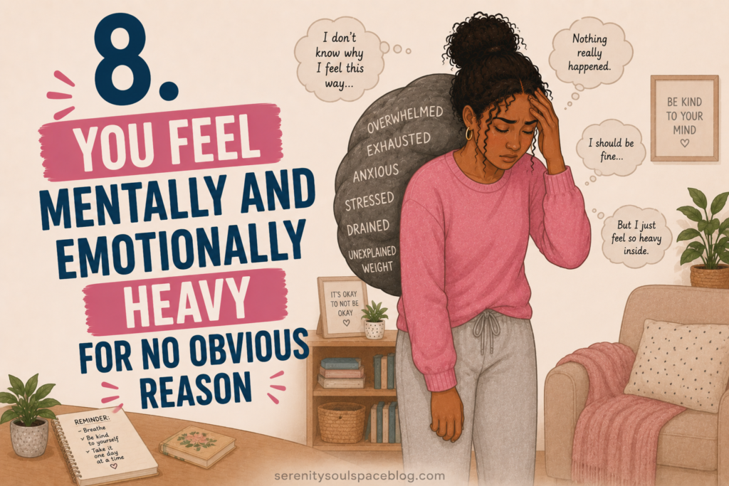 Landscape emotional wellness illustration showing a woman standing with her head bowed and hand on her forehead while carrying a large invisible emotional burden. Thought bubbles express confusion and heaviness despite no obvious cause. Large text reads, “8. You Feel Mentally and Emotionally Heavy for No Obvious Reason.” The image represents emotional exhaustion, stress, overwhelm, anxiety, and unexplained emotional fatigue.