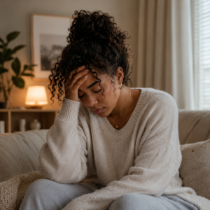 Image showing an exhausted woman sitting on a couch in a softly lit living room. She rests her head in one hand with her eyes closed, appearing emotionally drained and deep in thought. Warm neutral décor, a glowing lamp, and a houseplant create a calm atmosphere that reflects emotional exhaustion, burnout, stress, and mental fatigue.
