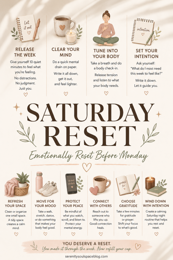 Saturday Reset infographic featuring calming neutral tones, self-care illustrations, and practical emotional wellness tips. The pin highlights ways to emotionally reset before Monday, including releasing emotions, clearing your mind, tuning into your body, setting intentions, refreshing your space, moving your body, protecting your peace, connecting with others, practicing gratitude, and winding down with intention. The center title reads “Saturday Reset: Emotionally Reset Before Monday."