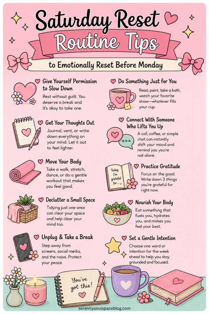 Cute pastel pink Saturday reset routine infographic featuring self-care illustrations, including a journal, coffee mugs, candles, flowers, books, and wellness icons. The pin shares emotional reset ideas before Monday, such as slowing down, journaling, moving your body, decluttering, unplugging from screens, connecting with supportive people, practicing gratitude, nourishing yourself, and setting a gentle intention for the week ahead. The title reads “Saturday Reset Routine Tips to Emotionally Reset Before Monday,”