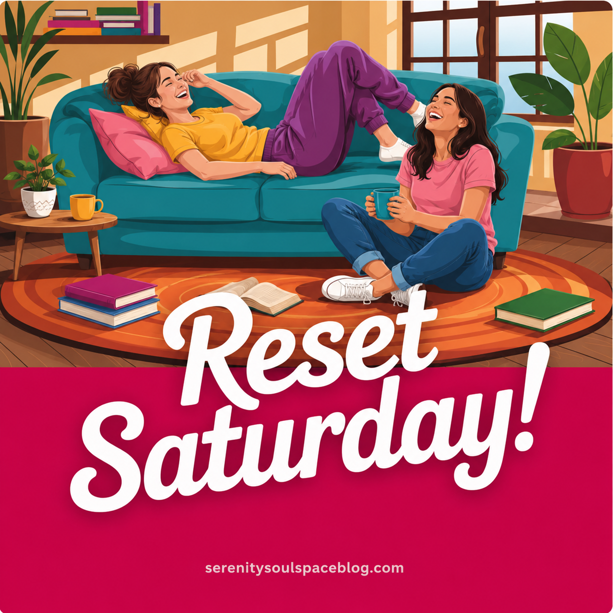 Colorful illustrated “Reset Saturday!” graphic featuring two female friends laughing together in a cozy living room. One woman is relaxing on a teal couch while the other sits on the floor holding a mug. Bright pink, orange, and teal colors, books, plants, and a warm weekend atmosphere create a cheerful self-care and friendship theme.