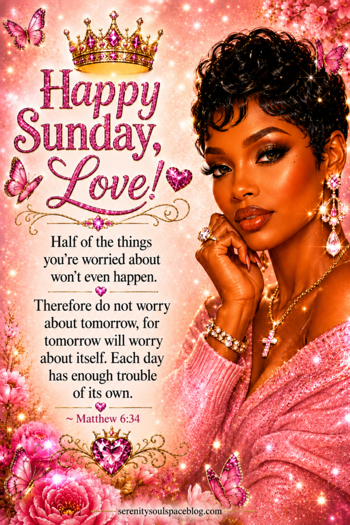 Inspirational Sunday blessing graphic featuring a glamorous woman in a sparkling pink sweater surrounded by pink flowers, butterflies, glitter, and a jeweled crown. The text reads, “Happy Sunday, Love!” and shares the Bible verse Matthew 6:34, encouraging readers not to worry about tomorrow. The image conveys faith, peace, encouragement, hope, trust in God, and letting go of anxiety.
