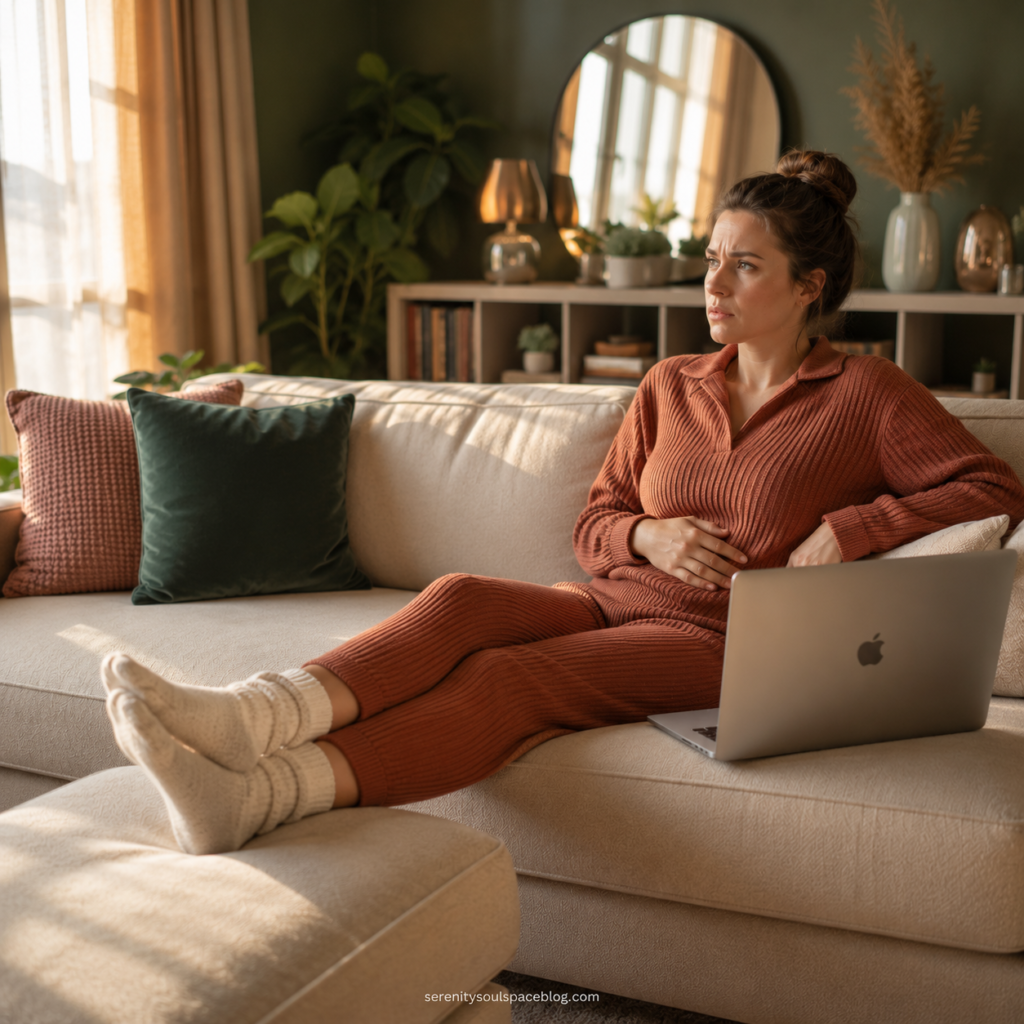 Realistic square image of a worried woman sitting on a cream-colored sectional sofa in a cozy sunlit living room. Wearing a rust-colored knit lounge set and warm socks, she rests her feet on a matching ottoman while gazing thoughtfully into the distance. An open laptop sits beside her on the couch, suggesting work-related stress or anxiety. Soft golden light streams through the windows, illuminating houseplants, bookshelves, and neutral home décor.