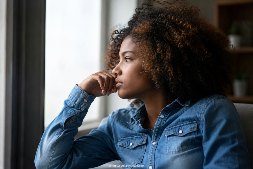 Thoughtful woman with curly hair wearing a denim button-up shirt, sitting by a window and gazing outside with a pensive expression. Soft natural light illuminates her face, creating a calm, reflective mood. The background is gently blurred, emphasizing feelings of worry, deep thought, or emotional overwhelm.