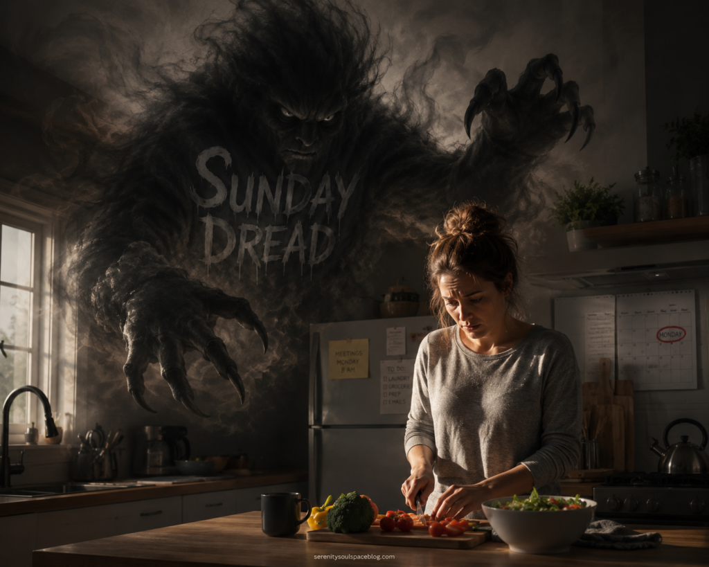 A worried woman stands in her kitchen chopping vegetables while a large shadowy monster labeled “Sunday Dread” looms behind her. The dark creature has glowing eyes and outstretched claws, symbolizing anxiety about the upcoming week. Warm kitchen lighting contrasts with the ominous figure, highlighting the emotional weight of Sunday-night stress. Fresh vegetables, a salad bowl, and a coffee mug sit on the counter.
