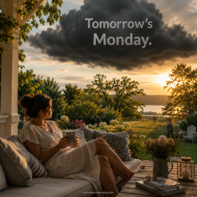 A woman sits on a cozy porch during a peaceful Sunday afternoon, holding a mug and looking out over a sunlit garden and lake at sunset. Above her, a large dark storm cloud hovers in the sky with the words “Tomorrow’s Monday,” creating a visual contrast between the calm weekend atmosphere and the looming anxiety of the upcoming workweek. Flowers, lanterns, and warm golden light add to the relaxing outdoor setting.