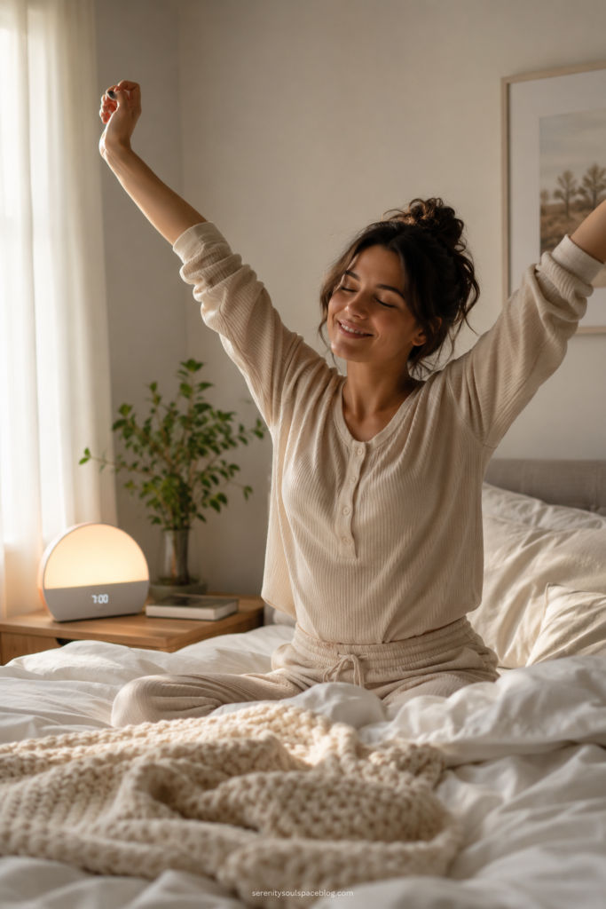 A woman sits upright in bed stretching her arms overhead with a relaxed smile, looking refreshed and well-rested after a peaceful night's sleep. Soft morning sunlight fills the cozy bedroom, while a sunrise-style alarm clock glows warmly on the nightstand beside a small plant. Neutral bedding, calming decor, and a serene atmosphere create a sense of emotional relief, renewal, and readiness for the week ahead.
