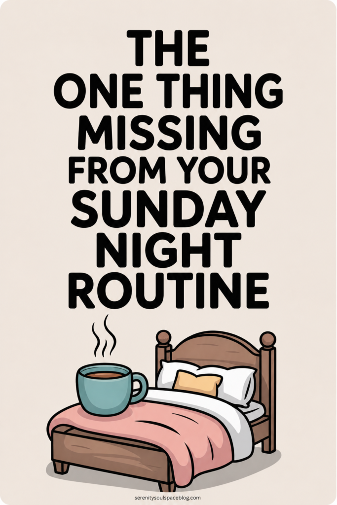 Minimalist Pinterest pin with a light beige background and bold black text reading “The One Thing Missing From Your Sunday Night Routine.” Below the title is a simple illustration of a cozy bed with soft pink bedding and a steaming teal mug resting on top, symbolizing rest, relaxation, and a calming bedtime routine.