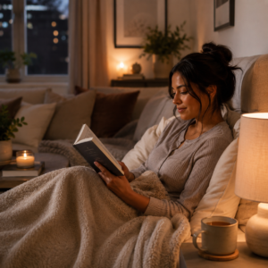 Cozy evening scene featuring a woman relaxing under a soft blanket while reading a book in a warmly lit living room. A mug of tea sits on a nearby table beside a glowing lamp and candle, creating a peaceful Sunday night atmosphere focused on rest, relaxation, and winding down before the week ahead.