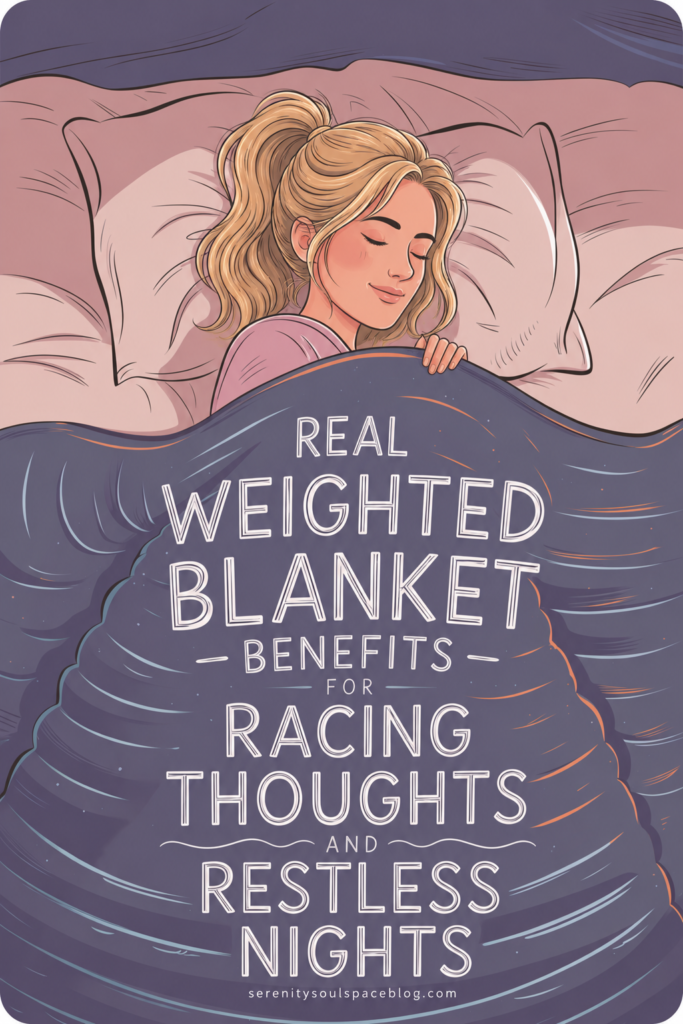 Illustrated Pinterest pin featuring a peaceful blonde woman sleeping comfortably under a dark blue weighted blanket in bed. Large text on the blanket reads “Real Weighted Blanket Benefits for Racing Thoughts and Restless Nights.” Soft pink pillows, calming nighttime colors, and a cozy bedroom atmosphere emphasize relaxation, anxiety relief, better sleep, and stress reduction.