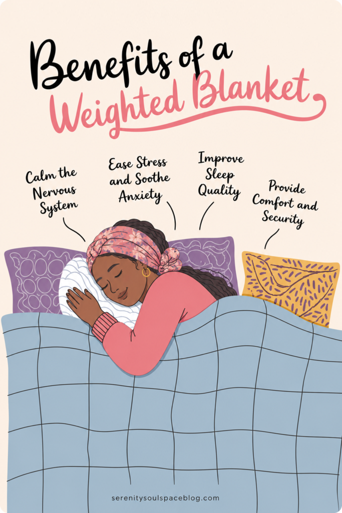 Illustrated Pinterest infographic showing a woman sleeping peacefully under a weighted blanket with text highlighting weighted blanket benefits. The pin features calming pastel colors and lists benefits such as calming the nervous system, easing stress and anxiety, improving sleep quality, and providing comfort and security. The cozy bedroom scene emphasizes relaxation, better sleep, and anxiety relief.