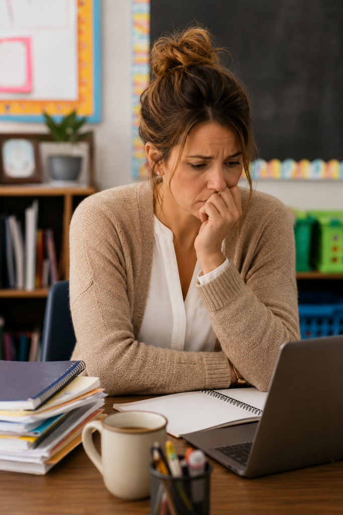 a teacher sitting at her desk with a lot on her mind. Her face shows worry.